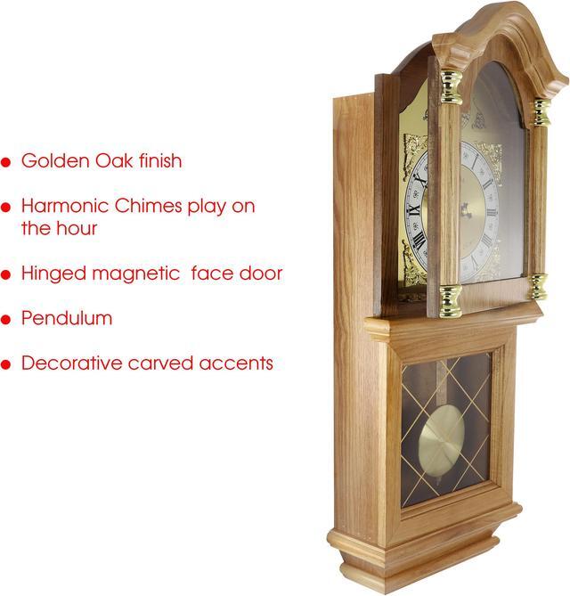 Alt view image 3 of 9 - Bedford Clock Collection Classic Golden Oak Chiming Wall Clock With Swinging Pendulum