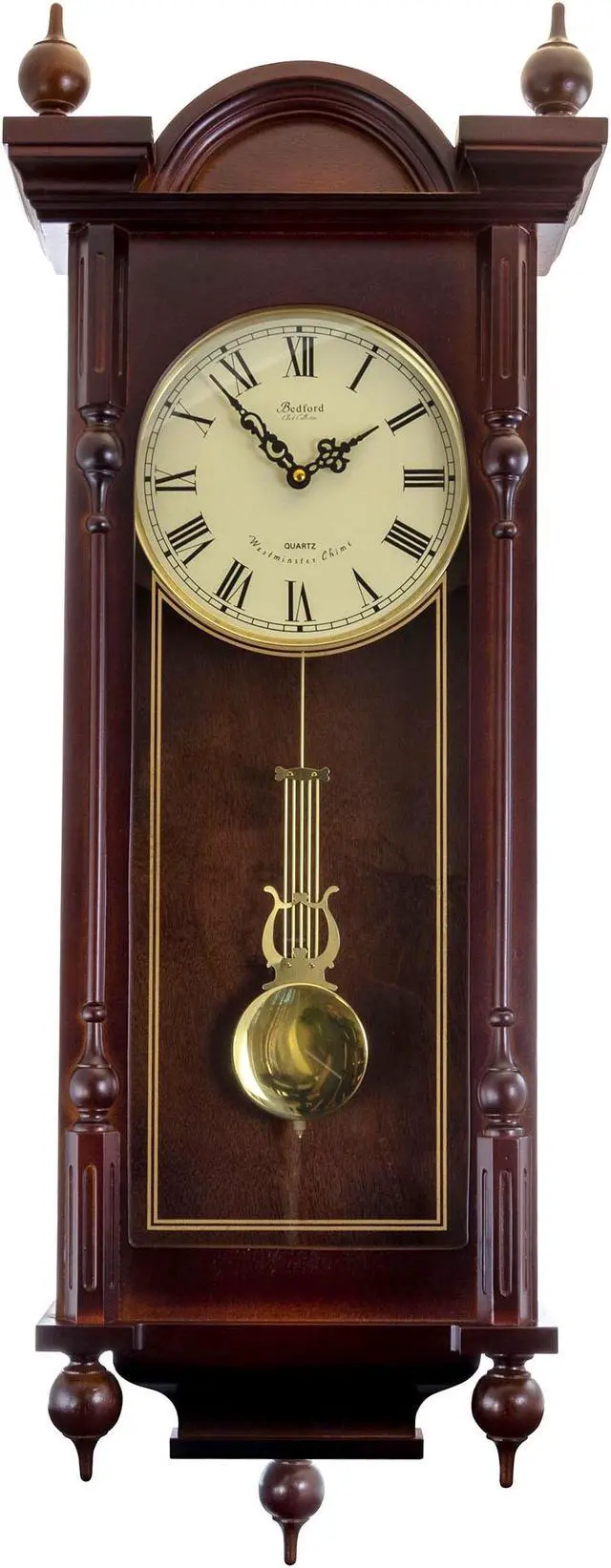 Alt view image 3 of 8 - Bedford Clock Collection 31" Antique Mahogany Cherry Oak Chiming Wall Clock with Roman Numerals