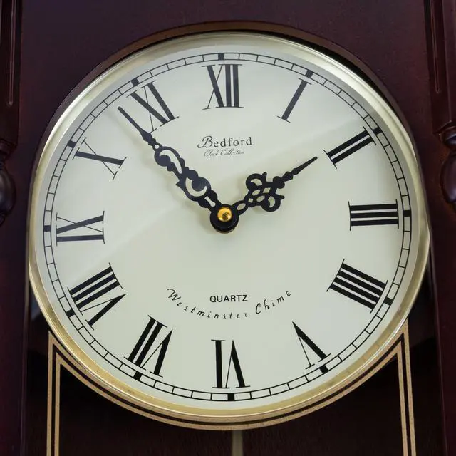 Alt view image 5 of 8 - Bedford Clock Collection 31" Antique Mahogany Cherry Oak Chiming Wall Clock with Roman Numerals