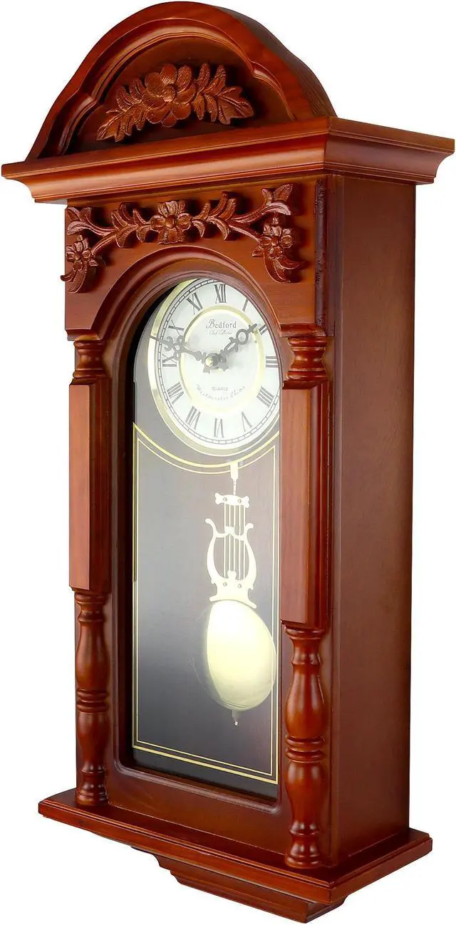Alt view image 4 of 11 - Bedford Clock Collection 27.5" Antique Chiming Wall Clock with Roman Numerals in a Padauk Oak Finish