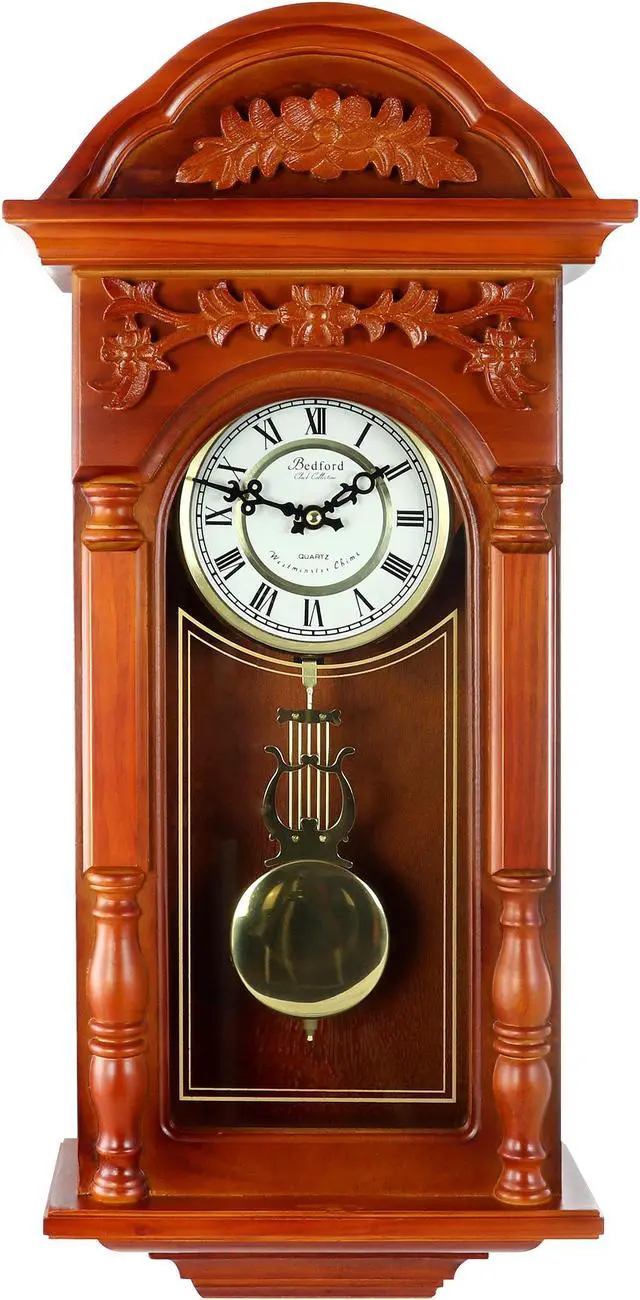 Alt view image 7 of 11 - Bedford Clock Collection 27.5" Antique Chiming Wall Clock with Roman Numerals in a Padauk Oak Finish