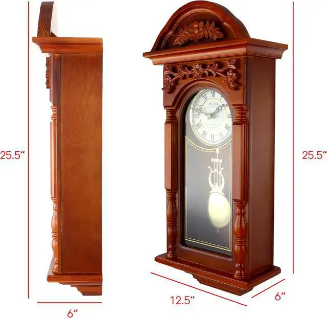 Alt view image 8 of 11 - Bedford Clock Collection 27.5" Antique Chiming Wall Clock with Roman Numerals in a Padauk Oak Finish