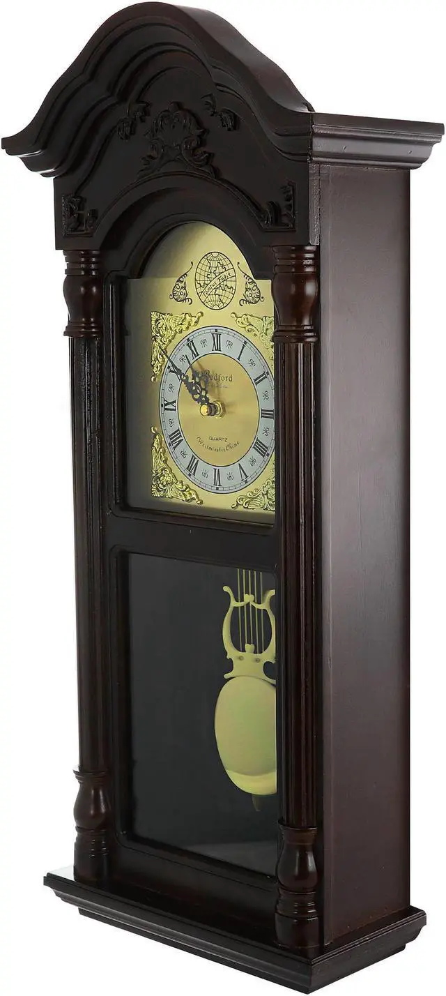 Alt view image 3 of 8 - Bedford Clock Collection 25.5" Antique Mahogany Cherry Oak Chiming Wall Clock with Roman Numerals
