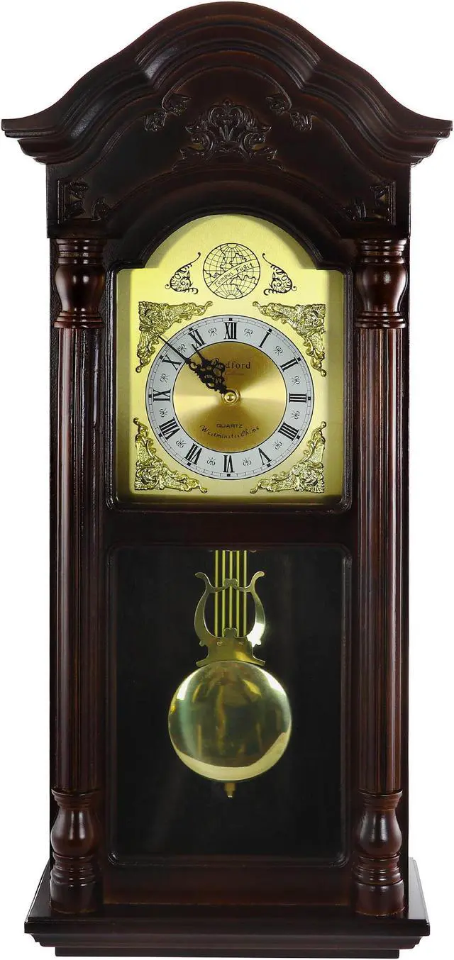 Alt view image 6 of 8 - Bedford Clock Collection 25.5" Antique Mahogany Cherry Oak Chiming Wall Clock with Roman Numerals