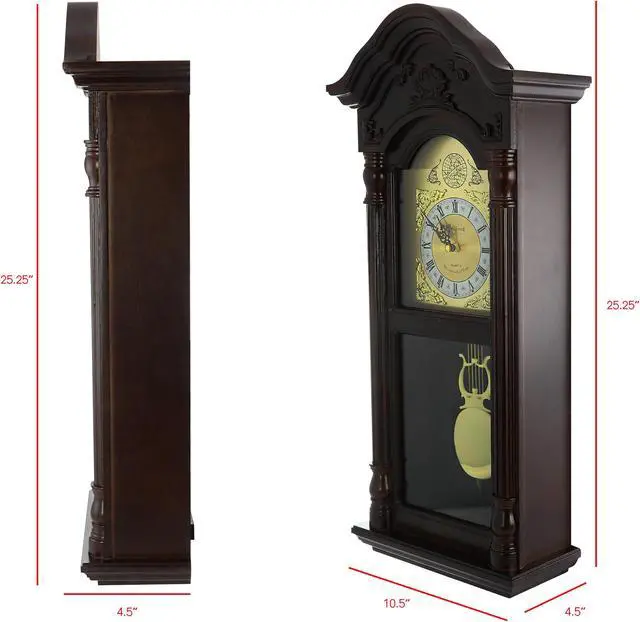 Alt view image 7 of 8 - Bedford Clock Collection 25.5" Antique Mahogany Cherry Oak Chiming Wall Clock with Roman Numerals