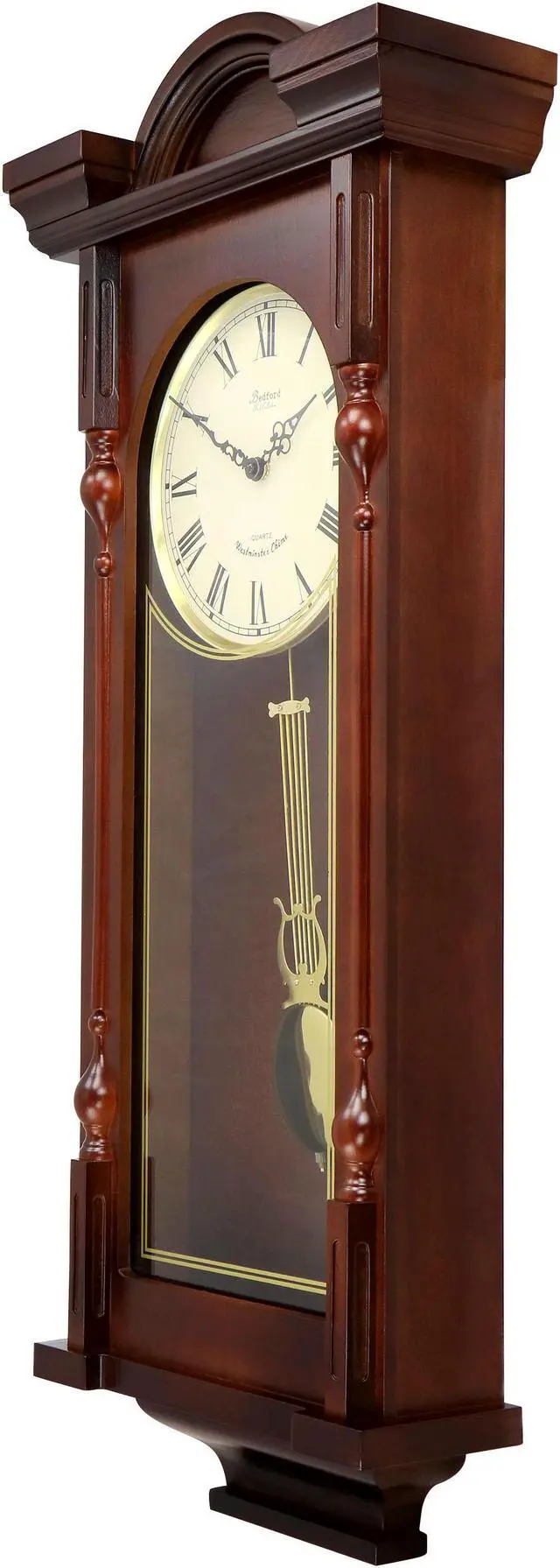 Alt view image 2 of 7 - Bedford Clock Collection Grand 31 Inch Chiming Pendulum Wall Clock in Antique Mahogany Cherry Finish