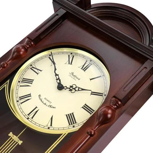 Alt view image 4 of 7 - Bedford Clock Collection Grand 31 Inch Chiming Pendulum Wall Clock in Antique Mahogany Cherry Finish