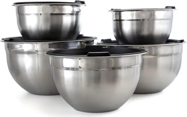 Alt view image 4 of 8 - Megachef Stackable Mixing Bowl Set with Lids, 5 Piece Assorted Size, Silver Chrome