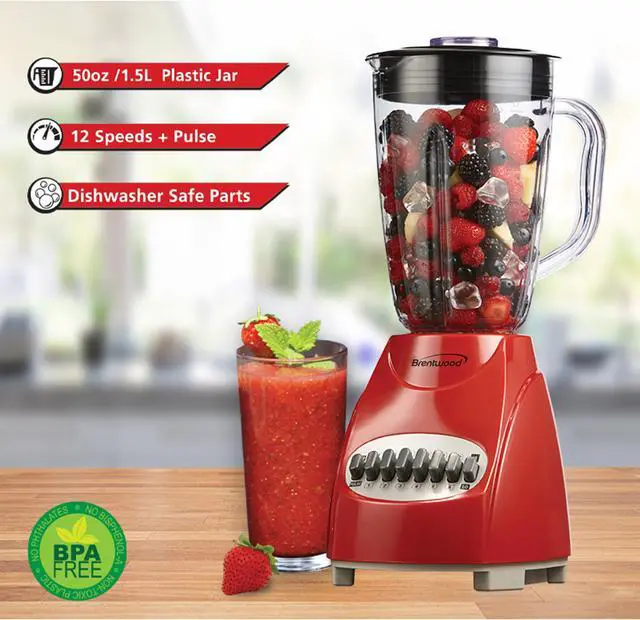 Alt view image 7 of 8 - Brentwood Appliances JB-220R 50-Ounce 12-Speed + Pulse Electric Blender with Plastic Jar (Red)