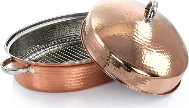Alt view image 2 of 7 - Gibson Home Radiance 17.5 Inch Stainless Steel Copper Plated Oval Roaster with Lid and Roasting Rack