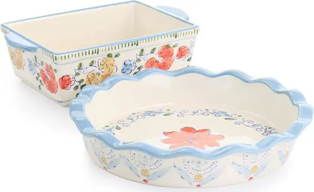 Alt view image 2 of 7 - Gibson Elite Anaya 2 Piece Stoneware Bakeware Set with Hand Painted Designs
