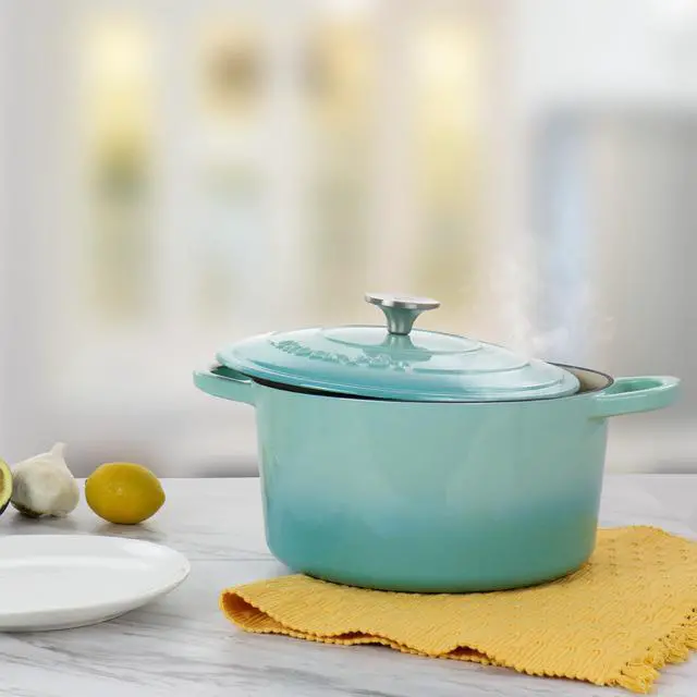 Alt view image 7 of 7 - Crock-Pot Artisan 2 Piece 5 Quarts Enameled Cast Iron Dutch Oven in Aqua Blue