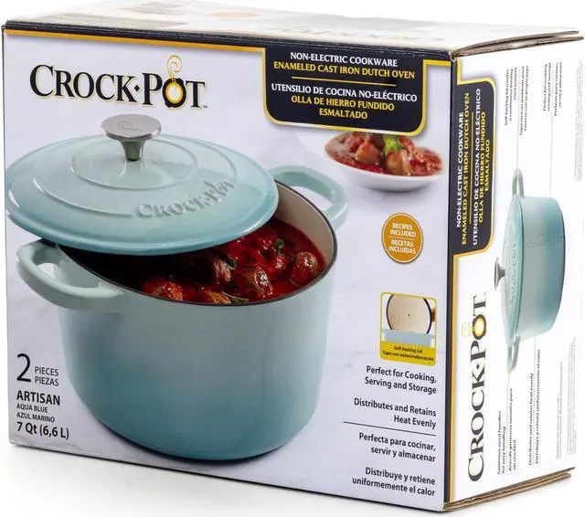 Alt view image 4 of 8 - Crock-Pot Artisan 2 Piece 7 Quarts Enamled Cast Iron Dutch Oven in Aqua Blue