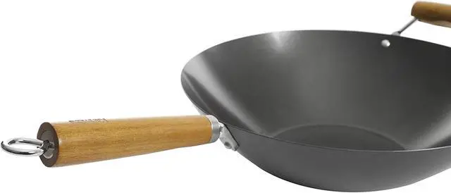 Alt view image 2 of 9 - Kenmore Hammond 14 Inch Flat Bottom Carbon Steel Wok in Black with Wooden Handles