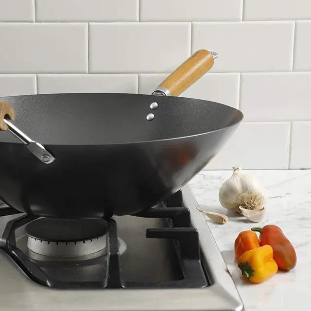Alt view image 3 of 9 - Kenmore Hammond 14 Inch Flat Bottom Carbon Steel Wok in Black with Wooden Handles