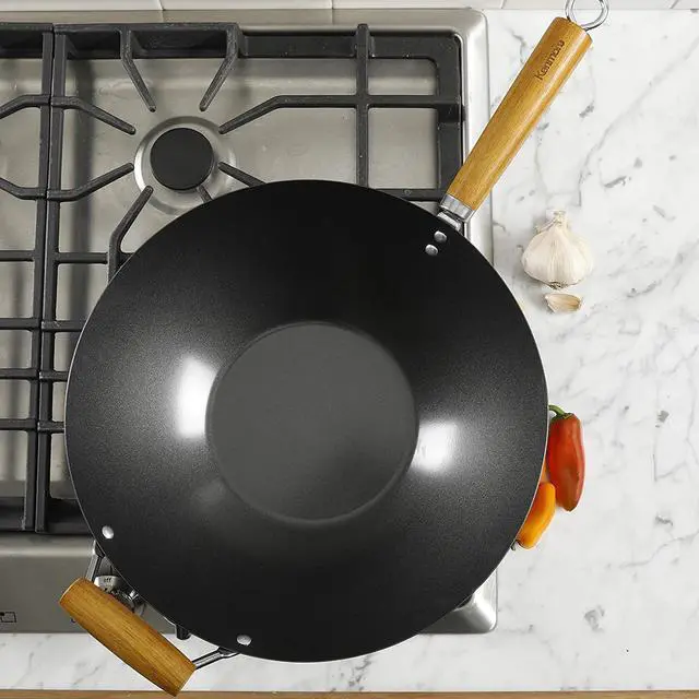 Alt view image 6 of 9 - Kenmore Hammond 14 Inch Flat Bottom Carbon Steel Wok in Black with Wooden Handles