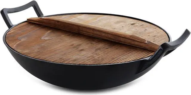 Alt view image 6 of 7 - General Store Addlestone 2 Piece 14 Inch Heavy Duty Cast Iron Wok with Wood Lid