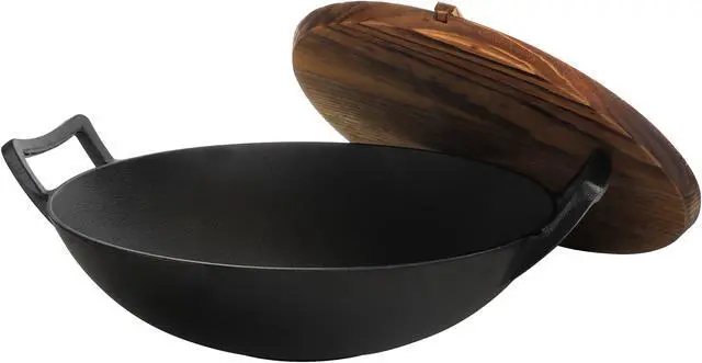 Alt view image 7 of 7 - General Store Addlestone 2 Piece 14 Inch Heavy Duty Cast Iron Wok with Wood Lid
