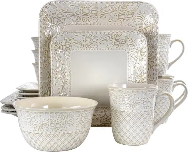 Main image of Elama Ivory Lotus 16 Piece Square Dinnerware Set