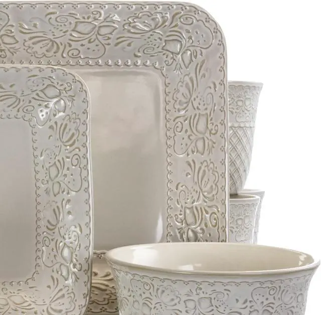 Alt view image 6 of 8 - Elama Ivory Lotus 16 Piece Square Dinnerware Set