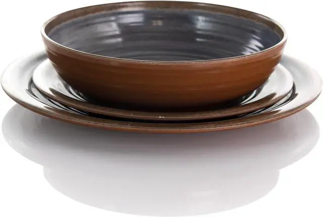 Alt view image 2 of 8 - Elama Stone Oak 12 Piece Lightweight Melamine Dinnerware Set in Black