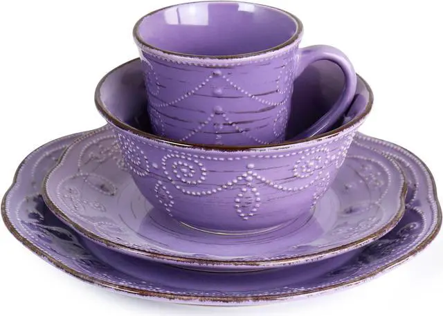Alt view image 3 of 9 - Elama Rustic Birch 16 Piece Stoneware Dinnerware Set in Purple