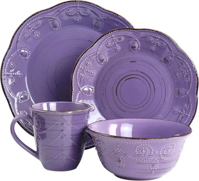 Alt view image 2 of 9 - Elama Rustic Birch 16 Piece Stoneware Dinnerware Set in Purple
