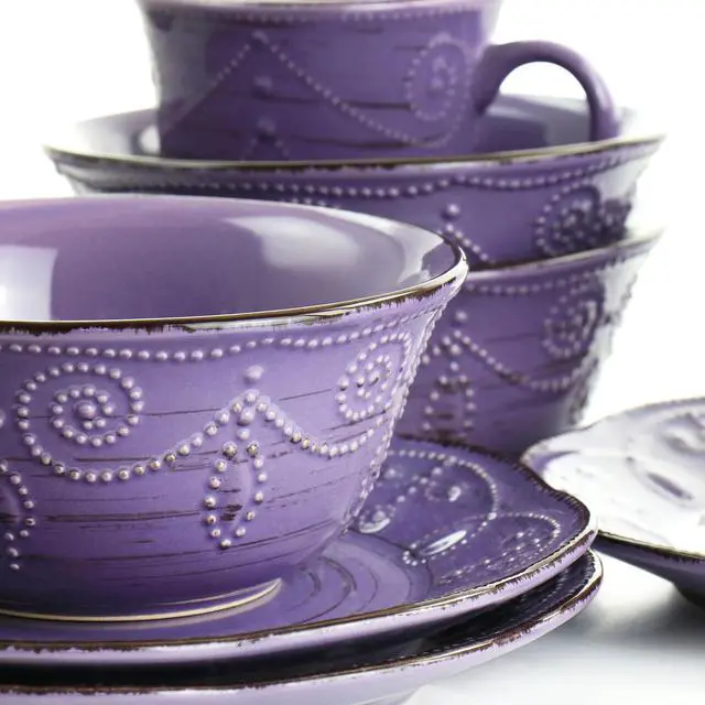 Alt view image 7 of 9 - Elama Rustic Birch 16 Piece Stoneware Dinnerware Set in Purple