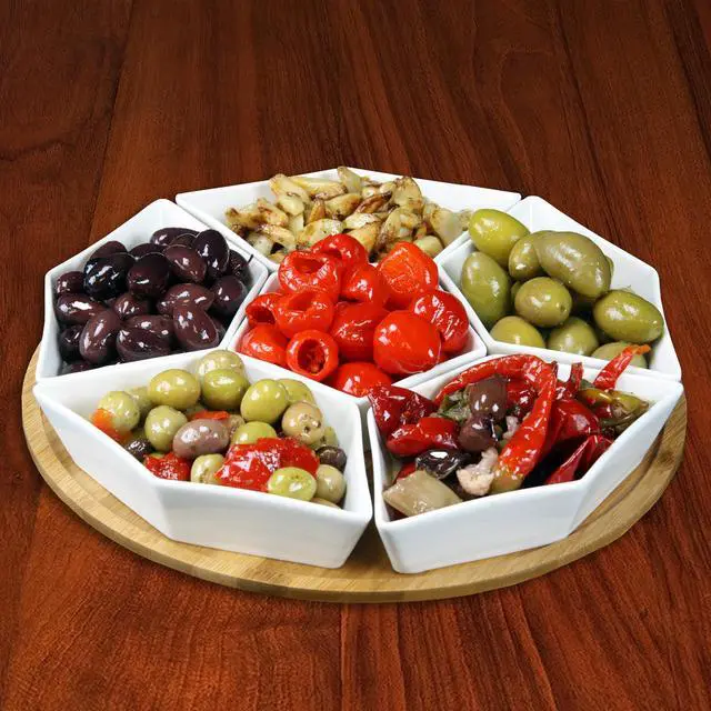 Alt view image 6 of 7 - Elama Signature 12 Inch 7pc Condiment Server Set with a Bamboo Lazy Suzan Serving Tray