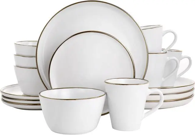 Main image of Elama Arthur 16 Piece Stoneware Dinnerware Set in Matte White with Gold Rim