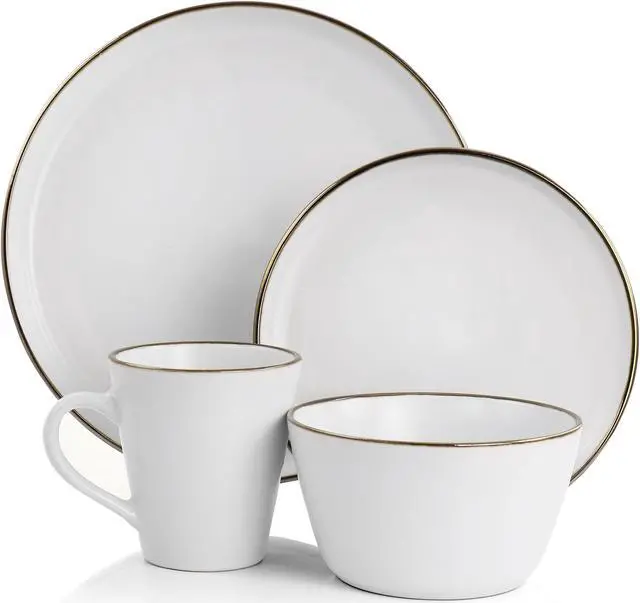 Alt view image 2 of 8 - Elama Arthur 16 Piece Stoneware Dinnerware Set in Matte White with Gold Rim
