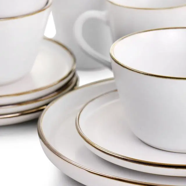 Alt view image 7 of 8 - Elama Arthur 16 Piece Stoneware Dinnerware Set in Matte White with Gold Rim