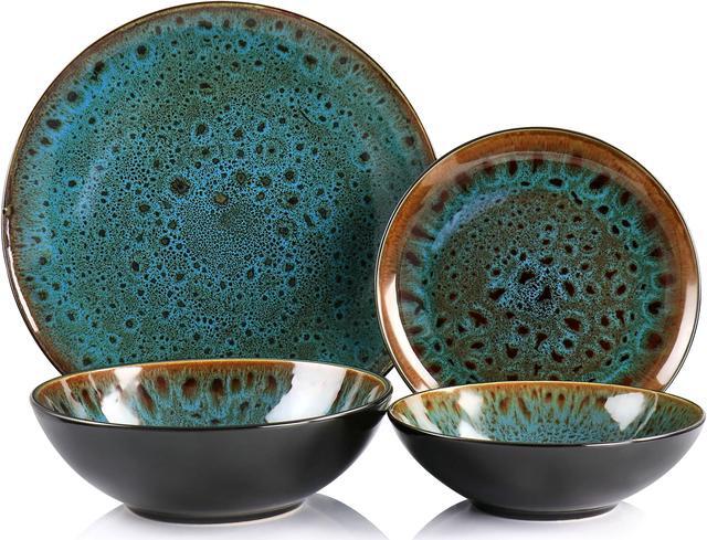Alt view image 2 of 7 - Gibson Elite Kyoto Teal Double Bowl 16 Piece Stoneware Dinnerware Set in Teal and Brown