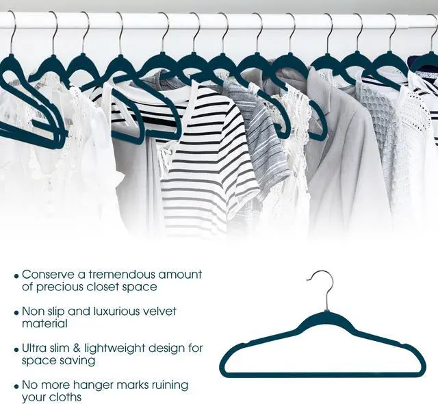 Alt view image 2 of 8 - 100 Piece Set of Velvet Slim Profile Heavy Duty Felt Hangers with Stainless Steel Swivel Hooks in Blue