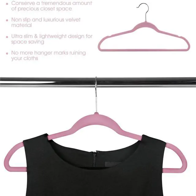 Alt view image 2 of 6 - 100 Piece Set of Velvet Slim Profile Heavy Duty Felt Hangers with Stainless Steel Swivel Hooks in Pink