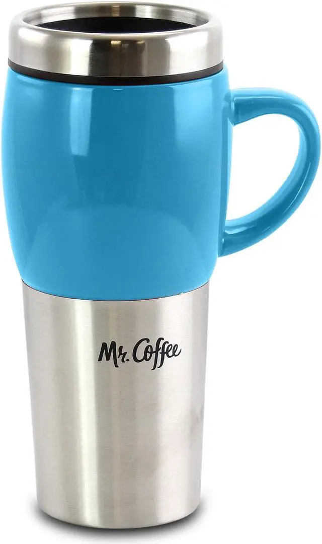 Alt view image 3 of 7 - Mr. Coffee Traverse 3 Piece 16 Ounce Stainless Steel and Ceramic Travel Mug and Lid in Red, Blue and Green