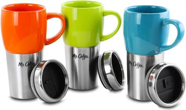 Alt view image 7 of 7 - Mr. Coffee Traverse 3 Piece 16 Ounce Stainless Steel and Ceramic Travel Mug and Lid in Red, Blue and Green