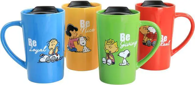 Main image of Peanuts Gentle Reminders Stoneware 4 Piece 18oz Travel Cups in Assorted Designs