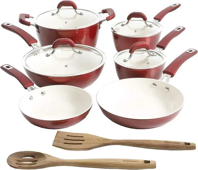 Main image of Kenmore Arlington 12 Piece Aluminum Ceramic Coated Nonstick Cookware Set in Metallic Red