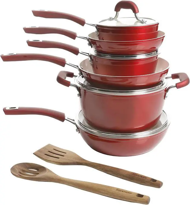 Alt view image 2 of 8 - Kenmore Arlington 12 Piece Aluminum Ceramic Coated Nonstick Cookware Set in Metallic Red