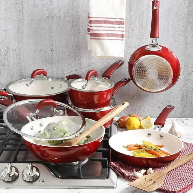 Alt view image 6 of 8 - Kenmore Arlington 12 Piece Aluminum Ceramic Coated Nonstick Cookware Set in Metallic Red