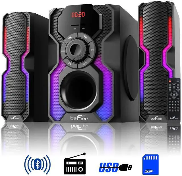 Alt view image 11 of 17 - BeFree Sound BFS-A102 2.1 Channel Bluetooth Multimedia Wired Speaker Shelf Stereo System with Reactive LED Lights, FM Radio, USB & SD Inputs, 6 ohm - Black & Silver