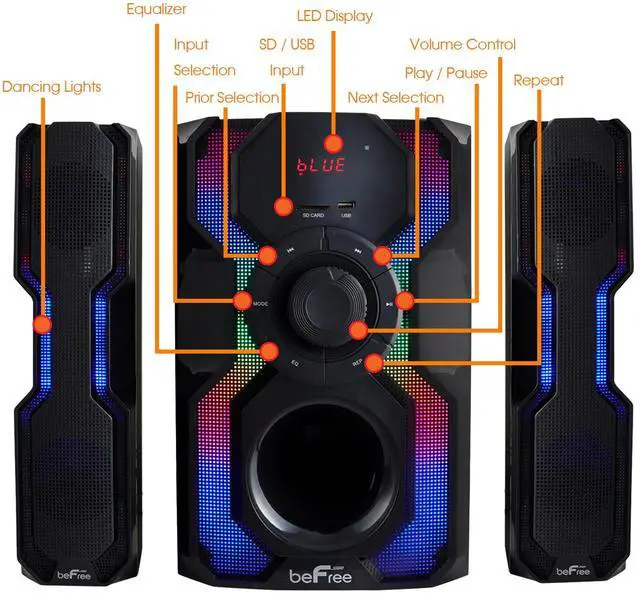 Alt view image 15 of 17 - BeFree Sound BFS-A102 2.1 Channel Bluetooth Multimedia Wired Speaker Shelf Stereo System with Reactive LED Lights, FM Radio, USB & SD Inputs, 6 ohm - Black & Silver