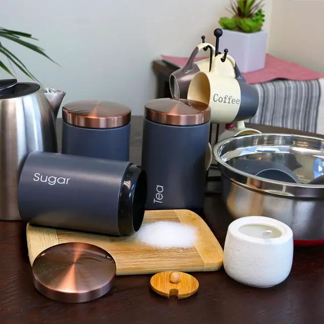 Alt view image 3 of 8 - MegaChef Essential Kitchen Storage 3 Piece Sugar, Coffee and Tea Canister Set in Matte Gray