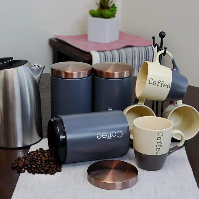 Alt view image 4 of 8 - MegaChef Essential Kitchen Storage 3 Piece Sugar, Coffee and Tea Canister Set in Matte Gray