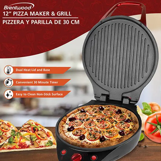 Alt view image 2 of 2 - Brentwood 1200 Watt 12 Inch Non Stick Pizza Maker and Grill in Red