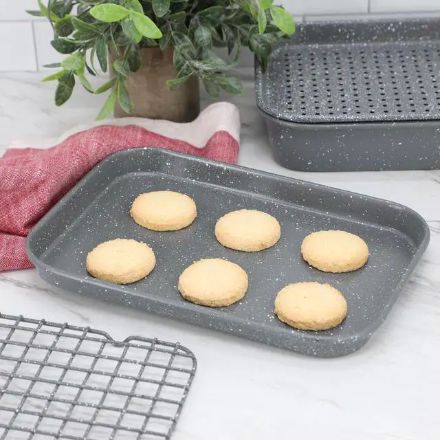Alt view image 7 of 7 - Oster Greystone 4 Piece Nonstick Carbon Steel Toaster Oven Bakeware Set in Speckled Grey