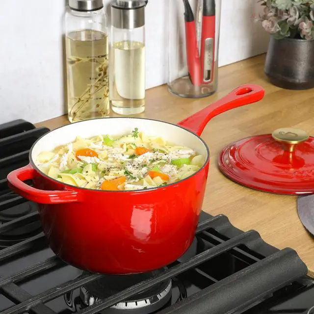 Alt view image 5 of 6 - Crock-Pot Artisan 3 Quart Enameled Cast Iron Saucepan with Lid in Red and Gold