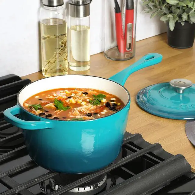 Alt view image 5 of 6 - Crock-Pot Artisan 3 Quart Enameled Cast Iron Saucepan with Lid in Teal and Silver