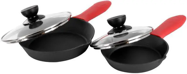 Alt view image 4 of 7 - MegaChef 13 Piece Cast Iron Skillet Set with Tempered Glass Lids and Silicone Holders